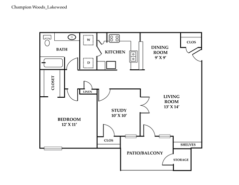 Floor plan for 2 beds, 1 bath, 889 sqft
